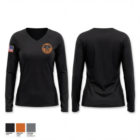 Womens Long Sleeve Vneck Shirt, 3-238th Hellhounds, National Guard, Teamtime, Team time, sublimation, custom sports apparel, team uniforms, spirit wear, spiritwear, sports uniforms, custom shirts, team store, custom team store, fundraiser sports, apparel fundraiser