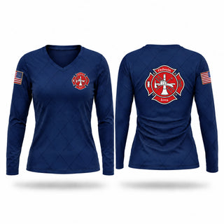 Womens Long Sleeve Vneck Shirt, Oelwein Fire Department, Fire Department, Teamtime, Team time, sublimation, custom sports apparel, team uniforms, spirit wear, spiritwear, sports uniforms, custom shirts, team store, custom team store, fundraiser sports, apparel fundraiser