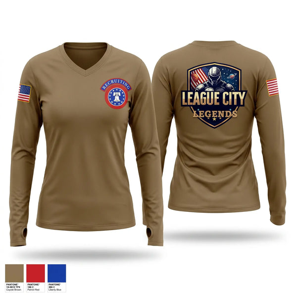 Womens Long Sleeve Vneck Shirt, LEAGUE CITY RECRUITING, Army, Teamtime, Team time, sublimation, custom sports apparel, team uniforms, spirit wear, spiritwear, sports uniforms, custom shirts, team store, custom team store, fundraiser sports, apparel fundraiser