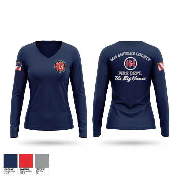 Womens Long Sleeve Vneck Shirt, LA County Firehouse 164, Fire Department, Teamtime, Team time, sublimation, custom sports apparel, team uniforms, spirit wear, spiritwear, sports uniforms, custom shirts, team store, custom team store, fundraiser sports, apparel fundraiser