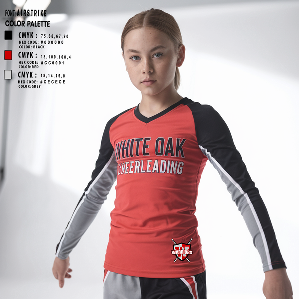 Womens Long Sleeve Vneck Shirt, White Oak Cheer, Cheer, Teamtime, Team time, sublimation, custom sports apparel, team uniforms, spirit wear, spiritwear, sports uniforms, custom shirts, team store, custom team store, fundraiser sports, apparel fundraiser