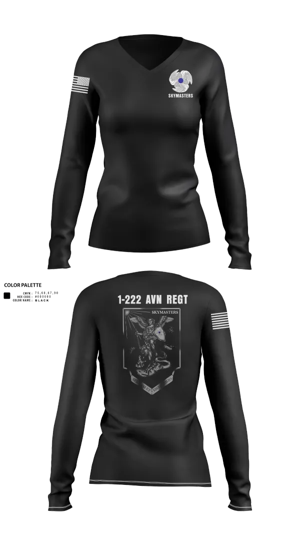Womens Long Sleeve Vneck Shirt, 1-222 Aviaition Regiment, Army, Teamtime, Team time, sublimation, custom sports apparel, team uniforms, spirit wear, spiritwear, sports uniforms, custom shirts, team store, custom team store, fundraiser sports, apparel fundraiser