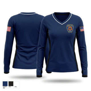 Womens Long Sleeve Vneck Shirt, Middle Falls Fire Department, Fire Department, Teamtime, Team time, sublimation, custom sports apparel, team uniforms, spirit wear, spiritwear, sports uniforms, custom shirts, team store, custom team store, fundraiser sports, apparel fundraiser
