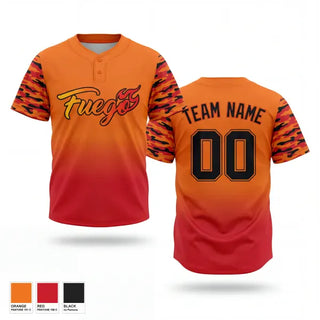 Two Button Softball Jersey, Fuego, Softball, Teamtime, Team time, sublimation, custom sports apparel, team uniforms, spirit wear, spiritwear, sports uniforms, custom shirts, team store, custom team store, fundraiser sports, apparel fundraiser