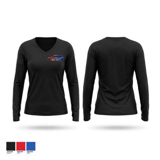 Womens Long Sleeve Vneck Shirt, On Patrol Live, Police, Teamtime, Team time, sublimation, custom sports apparel, team uniforms, spirit wear, spiritwear, sports uniforms, custom shirts, team store, custom team store, fundraiser sports, apparel fundraiser