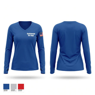 Womens Long Sleeve Vneck Shirt, Chattanooga Fire dept., Fire Department, Teamtime, Team time, sublimation, custom sports apparel, team uniforms, spirit wear, spiritwear, sports uniforms, custom shirts, team store, custom team store, fundraiser sports, apparel fundraiser