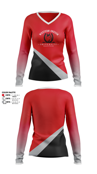 Womens Long Sleeve Vneck Shirt, Western Oregon University Equestrian, Spirit Store, Teamtime, Team time, sublimation, custom sports apparel, team uniforms, spirit wear, spiritwear, sports uniforms, custom shirts, team store, custom team store, fundraiser sports, apparel fundraiser