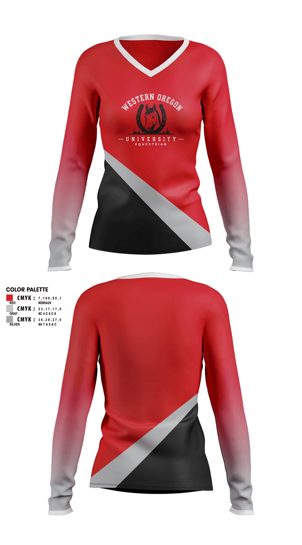 Womens Long Sleeve Vneck Shirt, Western Oregon University Equestrian, Spirit Store, Teamtime, Team time, sublimation, custom sports apparel, team uniforms, spirit wear, spiritwear, sports uniforms, custom shirts, team store, custom team store, fundraiser sports, apparel fundraiser