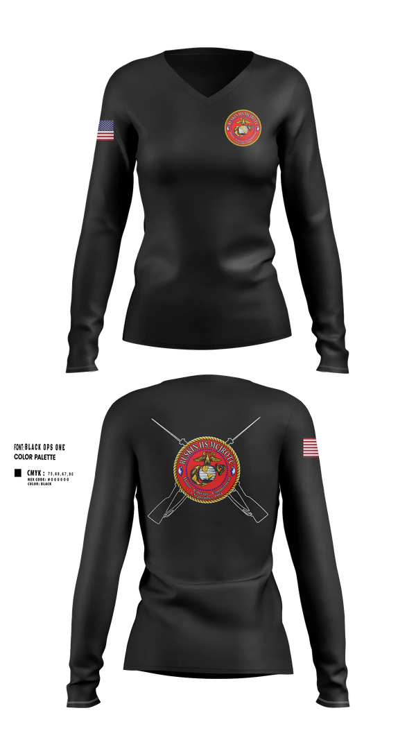 Womens Long Sleeve Vneck Shirt, Ruskin Highschool MCJROTC drill team, Marines, Teamtime, Team time, sublimation, custom sports apparel, team uniforms, spirit wear, spiritwear, sports uniforms, custom shirts, team store, custom team store, fundraiser sports, apparel fundraiser