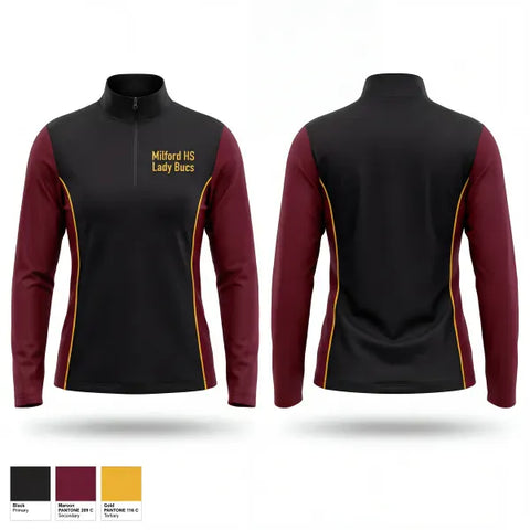 Quarter Zip Jacket, Milford hs lady Bucs, Women's Lacrosse, Teamtime, Team time, sublimation, custom sports apparel, team uniforms, spirit wear, spiritwear, sports uniforms, custom shirts, team store, custom team store, fundraiser sports, apparel fundraiser