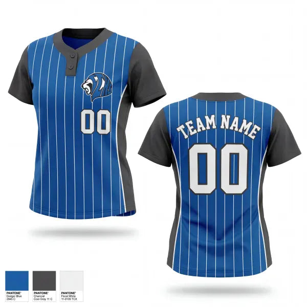 Two Button Softball Jersey, Lady Lions, Softball, Teamtime, Team time, sublimation, custom sports apparel, team uniforms, spirit wear, spiritwear, sports uniforms, custom shirts, team store, custom team store, fundraiser sports, apparel fundraiser