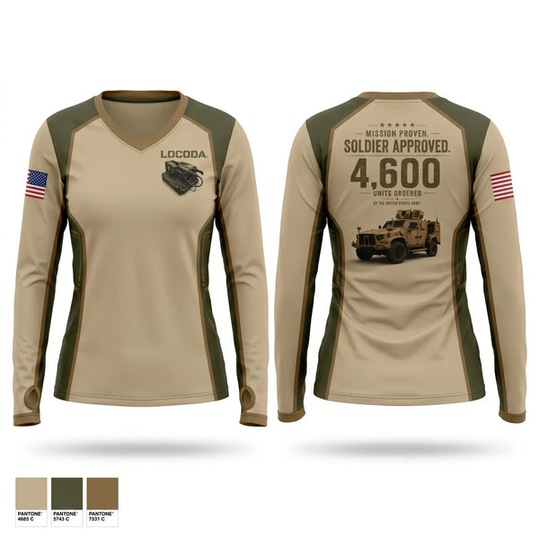 Womens Long Sleeve Vneck Shirt, L3Harris, Army, Teamtime, Team time, sublimation, custom sports apparel, team uniforms, spirit wear, spiritwear, sports uniforms, custom shirts, team store, custom team store, fundraiser sports, apparel fundraiser