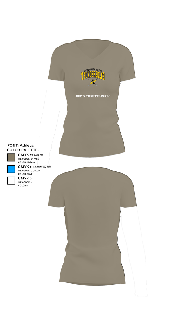 Womens Short Sleeve Vneck Shirt, Andrew Thunderbolts Golf, Golf, Teamtime, Team time, sublimation, custom sports apparel, team uniforms, spirit wear, spiritwear, sports uniforms, custom shirts, team store, custom team store, fundraiser sports, apparel fundraiser