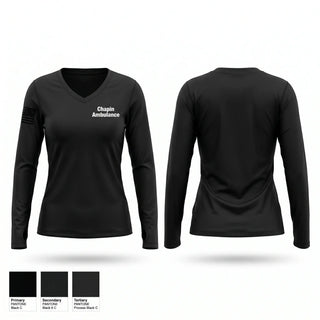 Womens Long Sleeve Vneck Shirt, Chapin Ambulance, EMS/EMT, Teamtime, Team time, sublimation, custom sports apparel, team uniforms, spirit wear, spiritwear, sports uniforms, custom shirts, team store, custom team store, fundraiser sports, apparel fundraiser