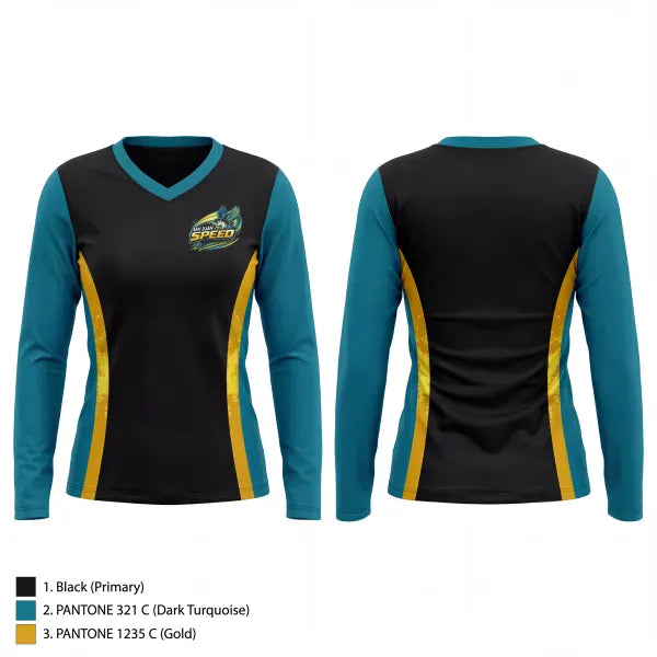 Womens Long Sleeve Vneck Shirt, San Juan Speed, Track & Field, Teamtime, Team time, sublimation, custom sports apparel, team uniforms, spirit wear, spiritwear, sports uniforms, custom shirts, team store, custom team store, fundraiser sports, apparel fundraiser