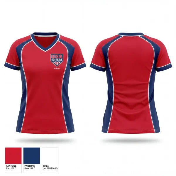 Womens Short Sleeve Vneck Shirt, USA Softball of Alaska, Softball, Teamtime, Team time, sublimation, custom sports apparel, team uniforms, spirit wear, spiritwear, sports uniforms, custom shirts, team store, custom team store, fundraiser sports, apparel fundraiser