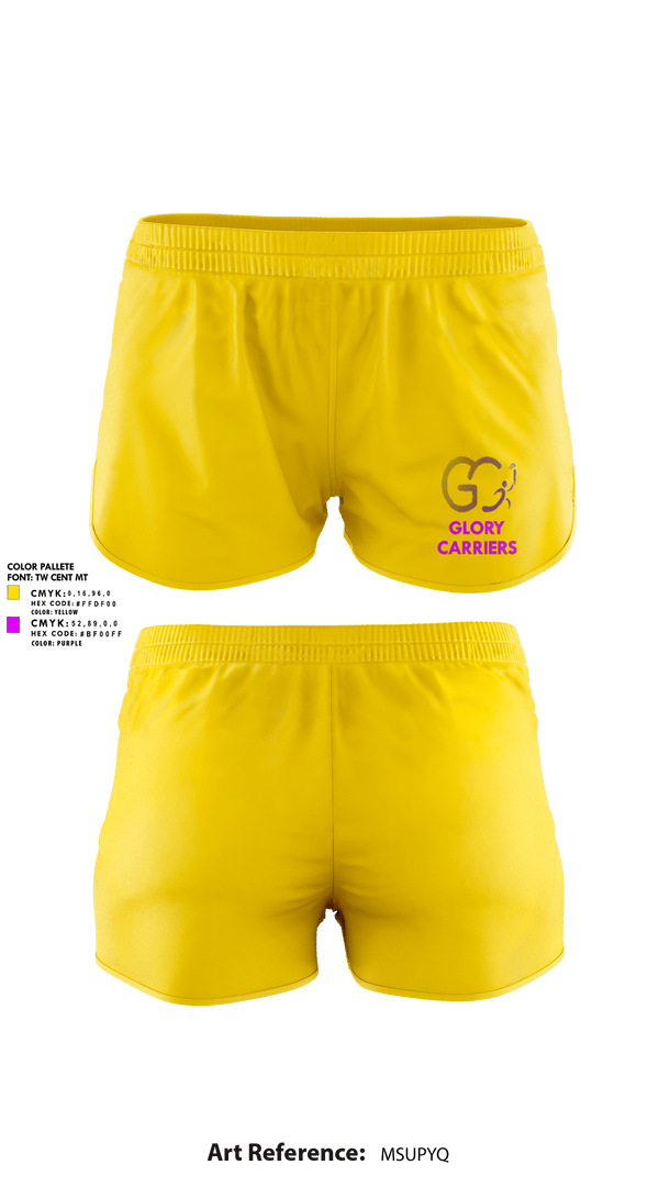 Womens Shorts, Glory Carriers, Track & Field, Teamtime, Team time, sublimation, custom sports apparel, team uniforms, spirit wear, spiritwear, sports uniforms, custom shirts, team store, custom team store, fundraiser sports, apparel fundraiser