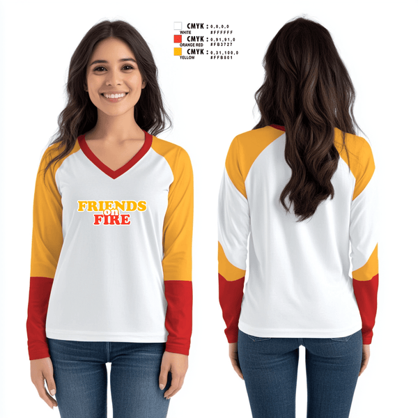 Womens Long Sleeve Vneck Shirt 1, FRIENDS on FIRE, Women's Volleyball, Teamtime, Team time, sublimation, custom sports apparel, team uniforms, spirit wear, spiritwear, sports uniforms, custom shirts, team store, custom team store, fundraiser sports, apparel fundraiser