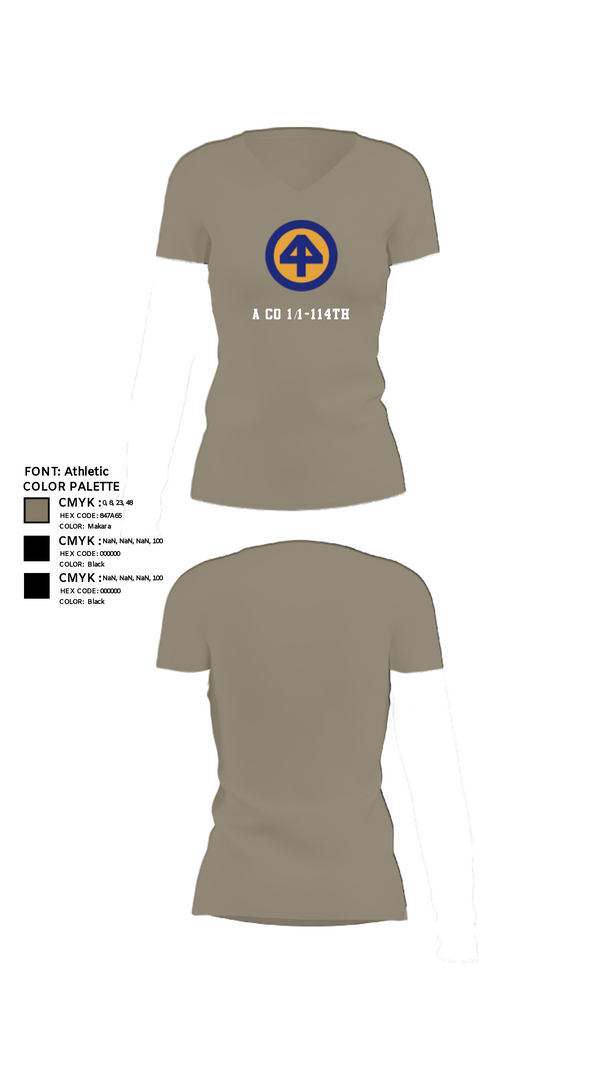 Women's Short Sleeve Vneck Shirt, A Co 1/1-114th, Army, Teamtime, Team time, sublimation, custom sports apparel, team uniforms, spirit wear, spiritwear, sports uniforms, custom shirts, team store, custom team store, fundraiser sports, apparel fundraiser