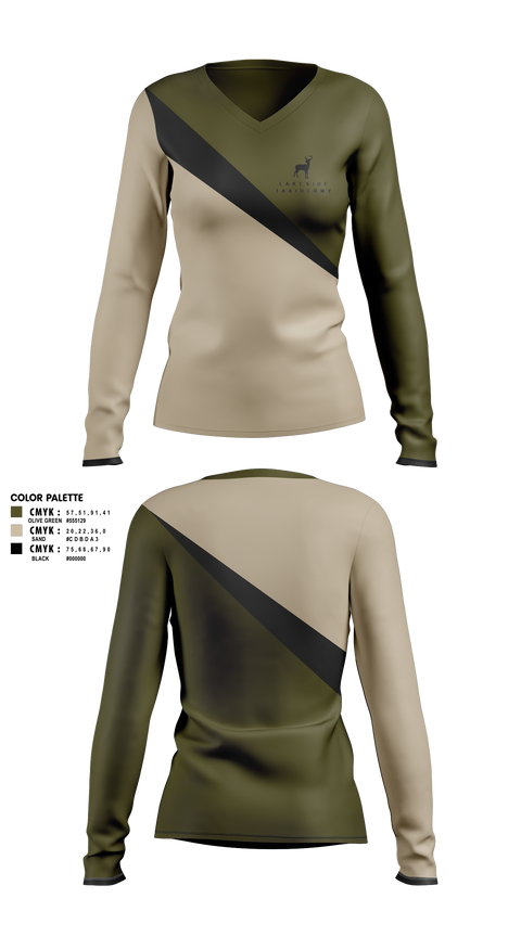 Womens Long Sleeve Vneck Shirt, Lakeside Taxidermy, , Teamtime, Team time, sublimation, custom sports apparel, team uniforms, spirit wear, spiritwear, sports uniforms, custom shirts, team store, custom team store, fundraiser sports, apparel fundraiser