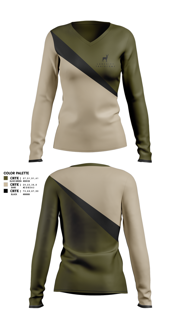 Womens Long Sleeve Vneck Shirt, Lakeside Taxidermy, , Teamtime, Team time, sublimation, custom sports apparel, team uniforms, spirit wear, spiritwear, sports uniforms, custom shirts, team store, custom team store, fundraiser sports, apparel fundraiser