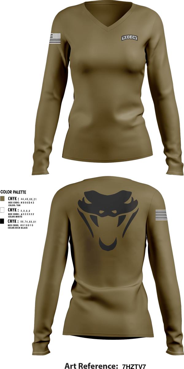 Womens Long Sleeve Vneck Shirt, RookVIPERS, Army, Teamtime, Team time, sublimation, custom sports apparel, team uniforms, spirit wear, spiritwear, sports uniforms, custom shirts, team store, custom team store, fundraiser sports, apparel fundraiser