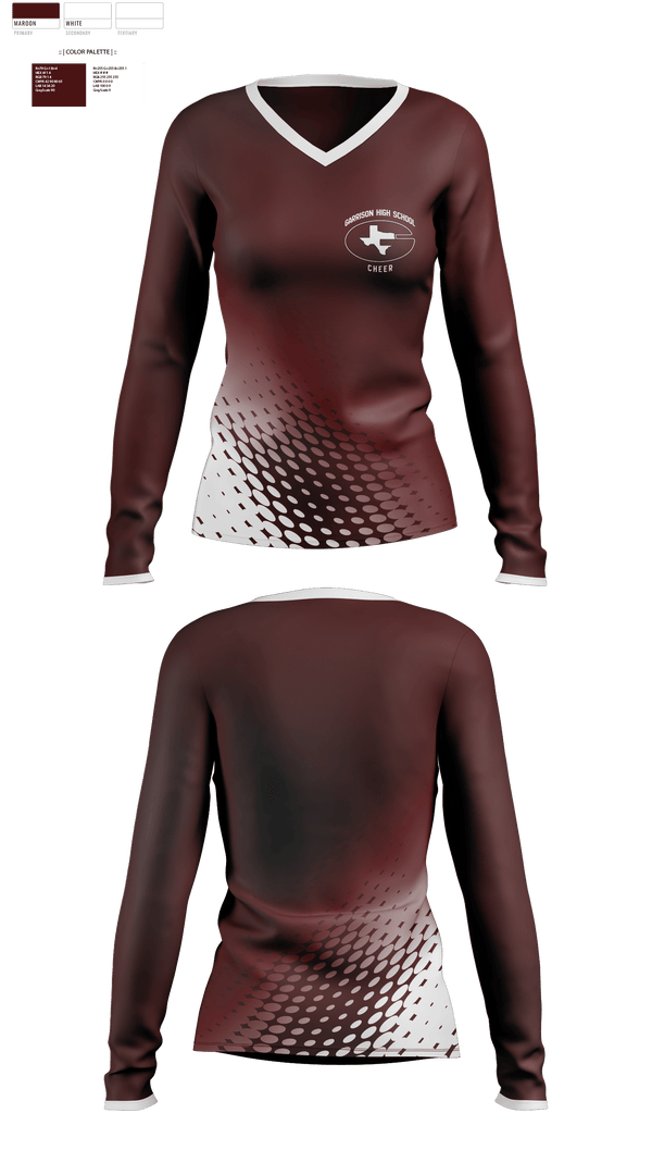 Womens Long Sleeve Vneck Shirt, Garrison High School Cheer, Cheer, Teamtime, Team time, sublimation, custom sports apparel, team uniforms, spirit wear, spiritwear, sports uniforms, custom shirts, team store, custom team store, fundraiser sports, apparel fundraiser