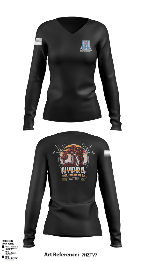 Womens Long Sleeve Vneck Shirt, HHD 205th MI BN, Army, Teamtime, Team time, sublimation, custom sports apparel, team uniforms, spirit wear, spiritwear, sports uniforms, custom shirts, team store, custom team store, fundraiser sports, apparel fundraiser