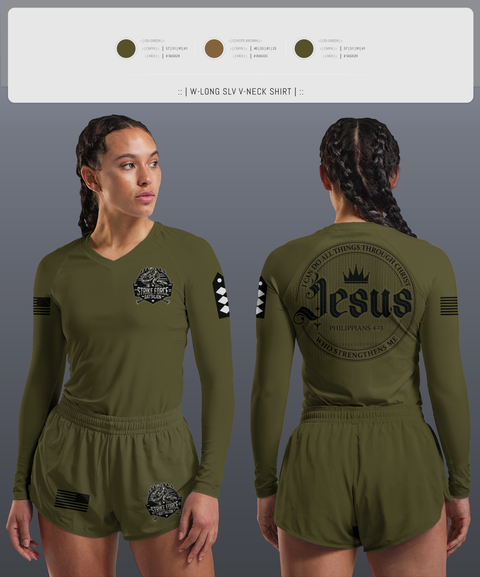 Womens Long Sleeve Vneck Shirt, Strike force Battalion, Army, Teamtime, Team time, sublimation, custom sports apparel, team uniforms, spirit wear, spiritwear, sports uniforms, custom shirts, team store, custom team store, fundraiser sports, apparel fundraiser