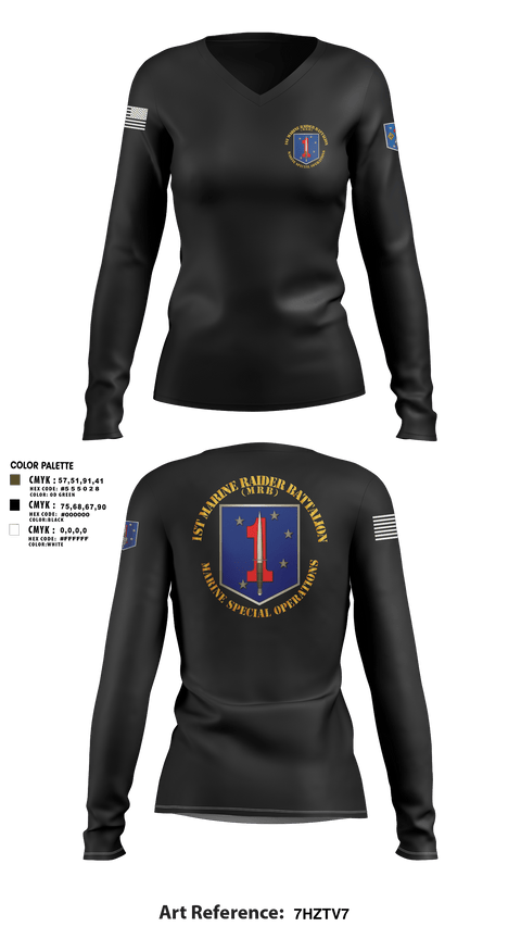 Womens Long Sleeve Vneck Shirt 1, 1st Marine Raider Battalion, Marines, Teamtime, Team time, sublimation, custom sports apparel, team uniforms, spirit wear, spiritwear, sports uniforms, custom shirts, team store, custom team store, fundraiser sports, apparel fundraiser