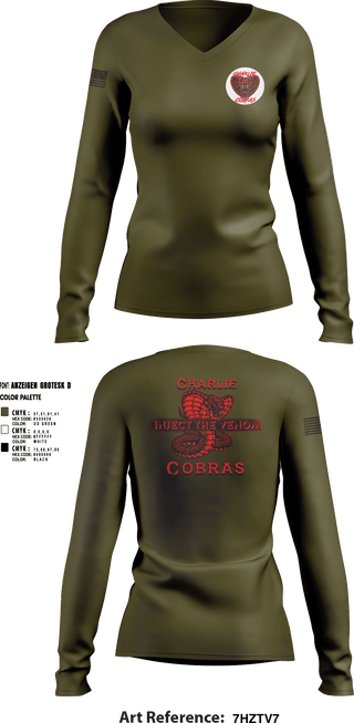 Women's Long Sleeve Vneck Shirt, Charlie Company Cobras, Army, Teamtime, Team time, sublimation, custom sports apparel, team uniforms, spirit wear, spiritwear, sports uniforms, custom shirts, team store, custom team store, fundraiser sports, apparel fundraiser