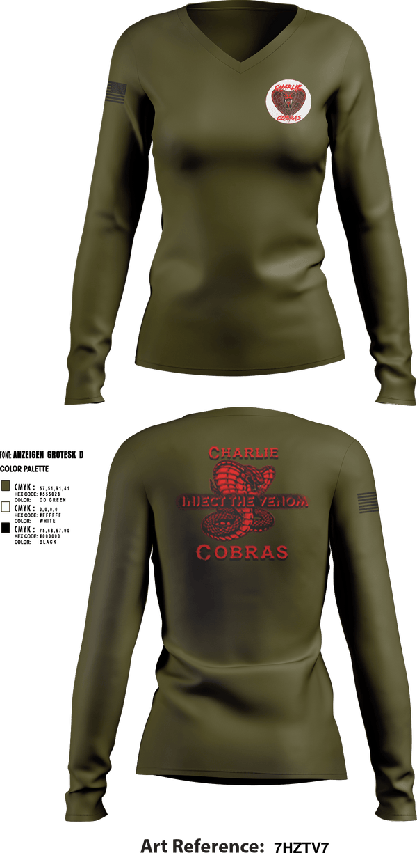 Women's Long Sleeve Vneck Shirt, Charlie Company Cobras, Army, Teamtime, Team time, sublimation, custom sports apparel, team uniforms, spirit wear, spiritwear, sports uniforms, custom shirts, team store, custom team store, fundraiser sports, apparel fundraiser