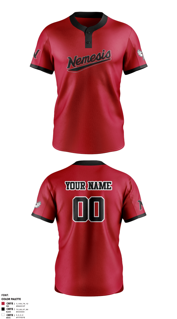 Two Button Softball Jersey, NEMESIS, Softball, Teamtime, Team time, sublimation, custom sports apparel, team uniforms, spirit wear, spiritwear, sports uniforms, custom shirts, team store, custom team store, fundraiser sports, apparel fundraiser