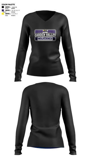 Womens Long Sleeve Vneck Shirt, Garden Valley Wolverines, Spirit Store, Teamtime, Team time, sublimation, custom sports apparel, team uniforms, spirit wear, spiritwear, sports uniforms, custom shirts, team store, custom team store, fundraiser sports, apparel fundraiser