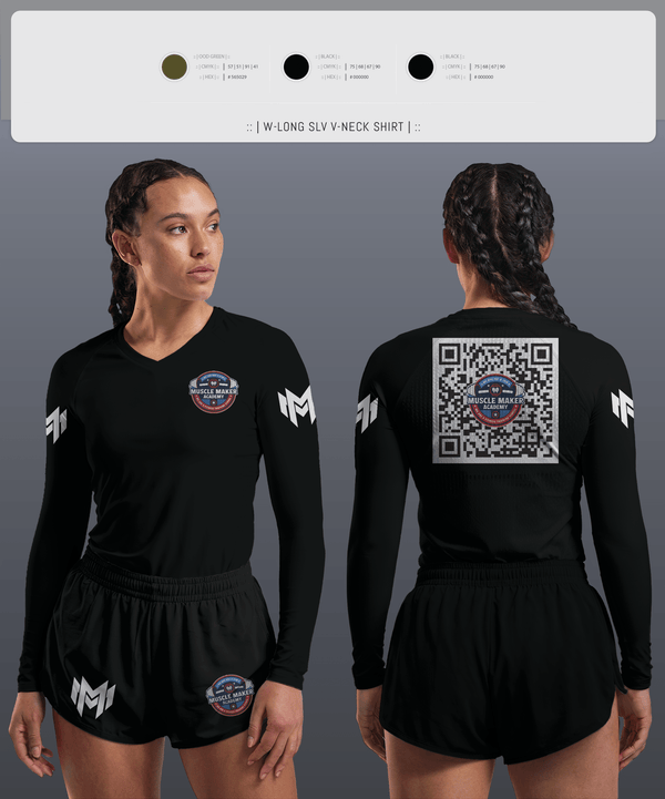 Womens Long Sleeve Vneck Shirt 1, Muscle Maker Academy, Space Force, Teamtime, Team time, sublimation, custom sports apparel, team uniforms, spirit wear, spiritwear, sports uniforms, custom shirts, team store, custom team store, fundraiser sports, apparel fundraiser