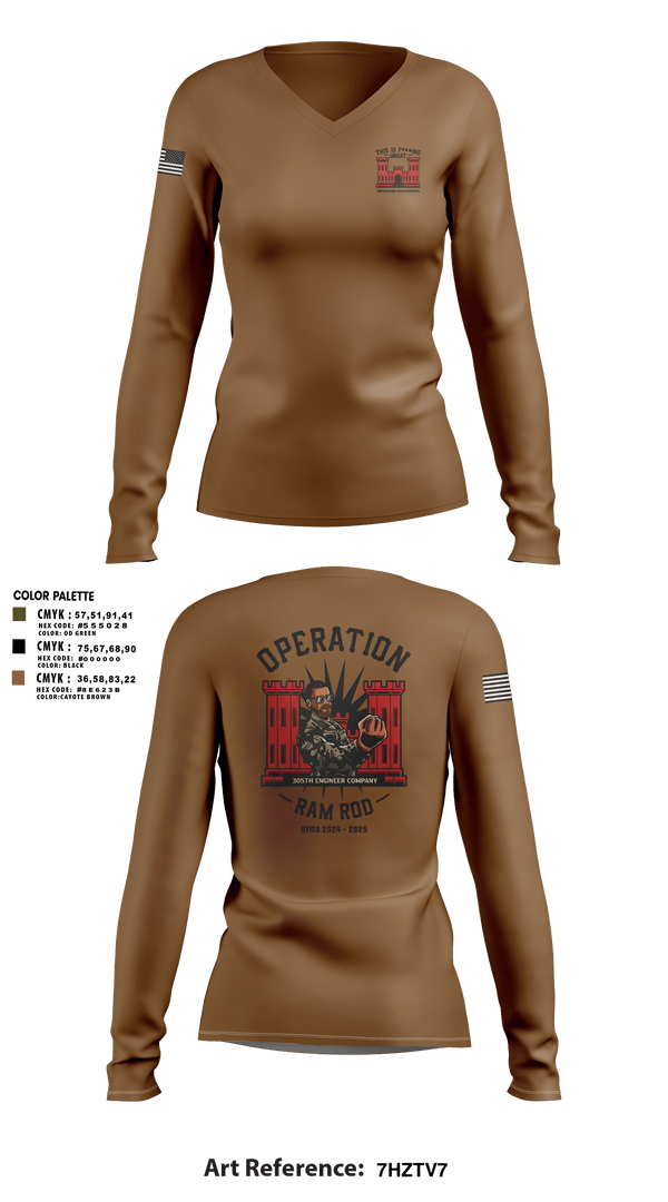 Women's Long Sleeve Vneck Shirt, 305th En Co, Army, Teamtime, Team time, sublimation, custom sports apparel, team uniforms, spirit wear, spiritwear, sports uniforms, custom shirts, team store, custom team store, fundraiser sports, apparel fundraiser