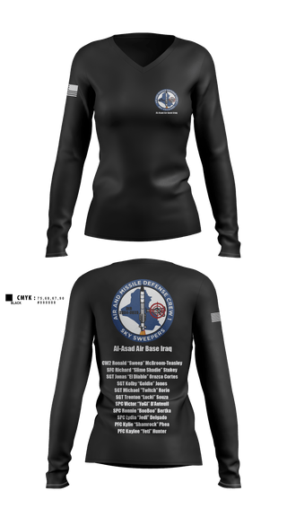 Womens Long Sleeve Vneck Shirt, Bravo Battery, 4th Battalion, 3rd Air Defense Artillery Regiment, Army, Teamtime, Team time, sublimation, custom sports apparel, team uniforms, spirit wear, spiritwear, sports uniforms, custom shirts, team store, custom team store, fundraiser sports, apparel fundraiser