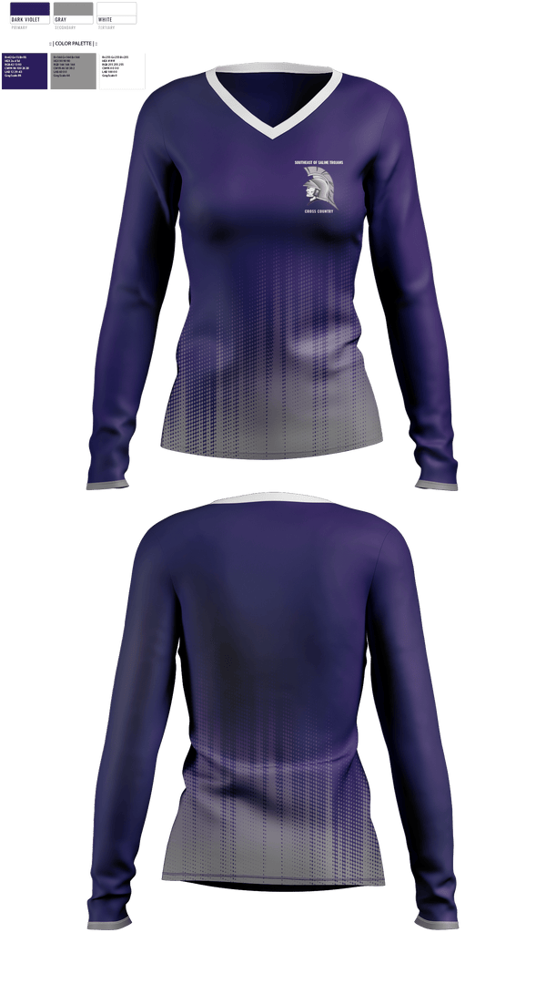 Women's Long Sleeve Vneck Shirt, Southeast of Saline Trojans, Cross Country, Teamtime, Team time, sublimation, custom sports apparel, team uniforms, spirit wear, spiritwear, sports uniforms, custom shirts, team store, custom team store, fundraiser sports, apparel fundraiser