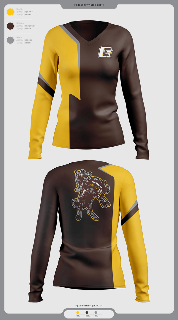 Womens Long Sleeve Vneck Shirt, Garden City Broncbusters, Golf, Teamtime, Team time, sublimation, custom sports apparel, team uniforms, spirit wear, spiritwear, sports uniforms, custom shirts, team store, custom team store, fundraiser sports, apparel fundraiser
