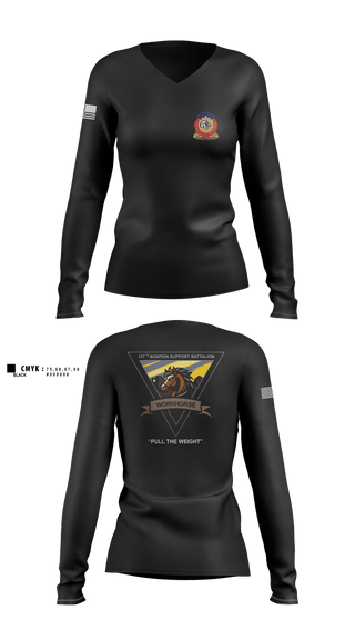 Womens Long Sleeve Vneck Shirt, 127th ASB WORKHORSE, Army, Teamtime, Team time, sublimation, custom sports apparel, team uniforms, spirit wear, spiritwear, sports uniforms, custom shirts, team store, custom team store, fundraiser sports, apparel fundraiser