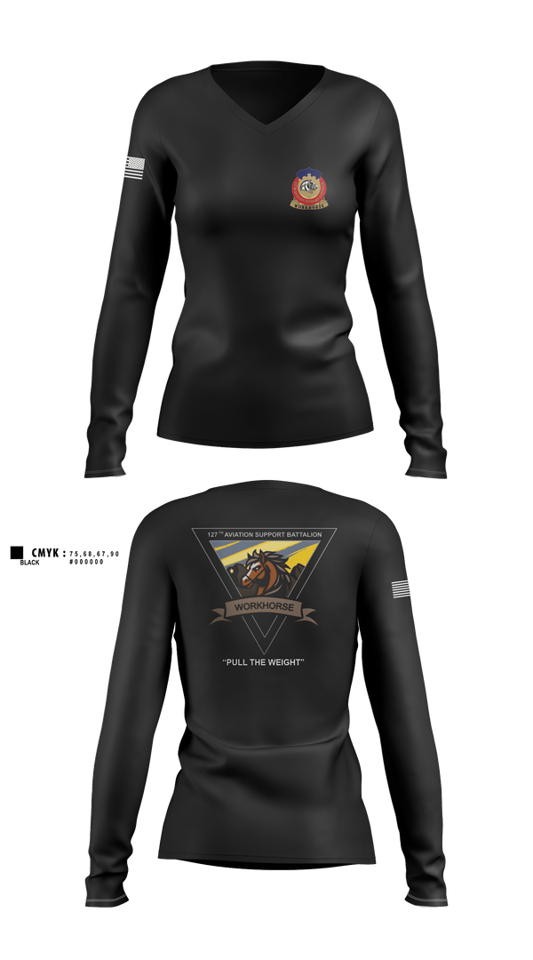Womens Long Sleeve Vneck Shirt, 127th ASB WORKHORSE, Army, Teamtime, Team time, sublimation, custom sports apparel, team uniforms, spirit wear, spiritwear, sports uniforms, custom shirts, team store, custom team store, fundraiser sports, apparel fundraiser