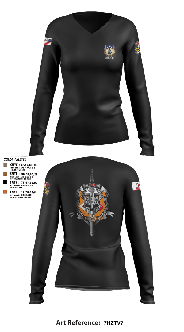 Women's Long Sleeve Vneck Shirt, C-Co 602D ASB, Army, Teamtime, Team time, sublimation, custom sports apparel, team uniforms, spirit wear, spiritwear, sports uniforms, custom shirts, team store, custom team store, fundraiser sports, apparel fundraiser