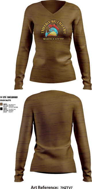Womens Long Sleeve Vneck Shirt 1, Taqueria Mr Taco Cafe Mexican & Seafood, , Teamtime, Team time, sublimation, custom sports apparel, team uniforms, spirit wear, spiritwear, sports uniforms, custom shirts, team store, custom team store, fundraiser sports, apparel fundraiser