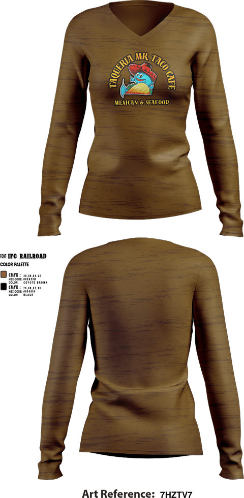 Womens Long Sleeve Vneck Shirt 1, Taqueria Mr Taco Cafe Mexican & Seafood, , Teamtime, Team time, sublimation, custom sports apparel, team uniforms, spirit wear, spiritwear, sports uniforms, custom shirts, team store, custom team store, fundraiser sports, apparel fundraiser