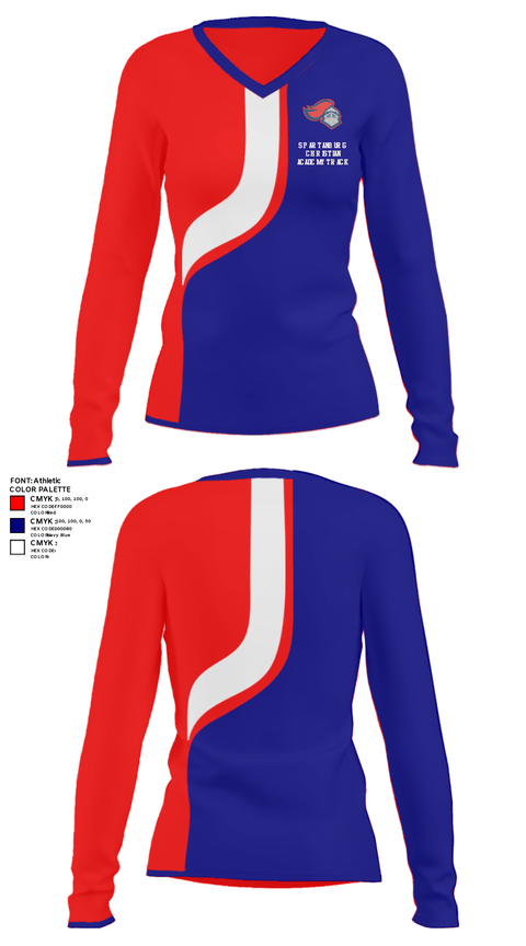Women's Long Sleeve Vneck Shirt, Spartanburg Christian Academy Track, Track & Field, Teamtime, Team time, sublimation, custom sports apparel, team uniforms, spirit wear, spiritwear, sports uniforms, custom shirts, team store, custom team store, fundraiser sports, apparel fundraiser
