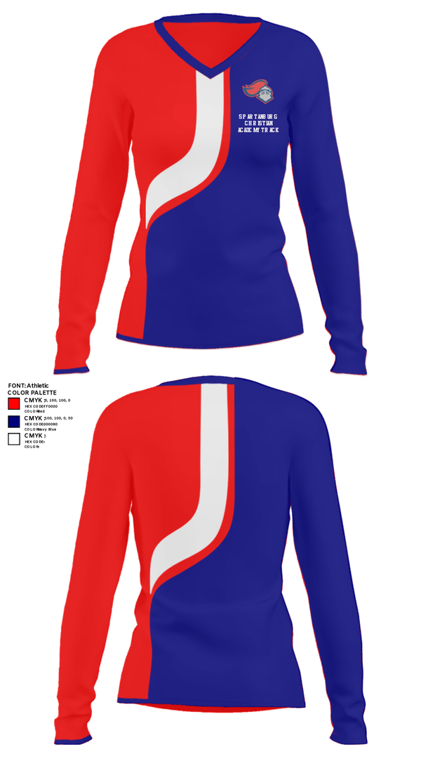 Women's Long Sleeve Vneck Shirt, Spartanburg Christian Academy Track, Track & Field, Teamtime, Team time, sublimation, custom sports apparel, team uniforms, spirit wear, spiritwear, sports uniforms, custom shirts, team store, custom team store, fundraiser sports, apparel fundraiser