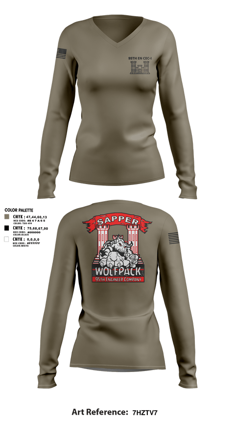 Womens Long Sleeve Vneck Shirt 1, 95TH EN, Army, Teamtime, Team time, sublimation, custom sports apparel, team uniforms, spirit wear, spiritwear, sports uniforms, custom shirts, team store, custom team store, fundraiser sports, apparel fundraiser