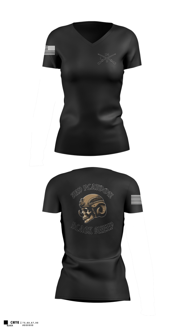 Womens Short Sleeve Vneck Shirt, 3rd PLT Black SheepDelta company 114, Army, Teamtime, Team time, sublimation, custom sports apparel, team uniforms, spirit wear, spiritwear, sports uniforms, custom shirts, team store, custom team store, fundraiser sports, apparel fundraiser