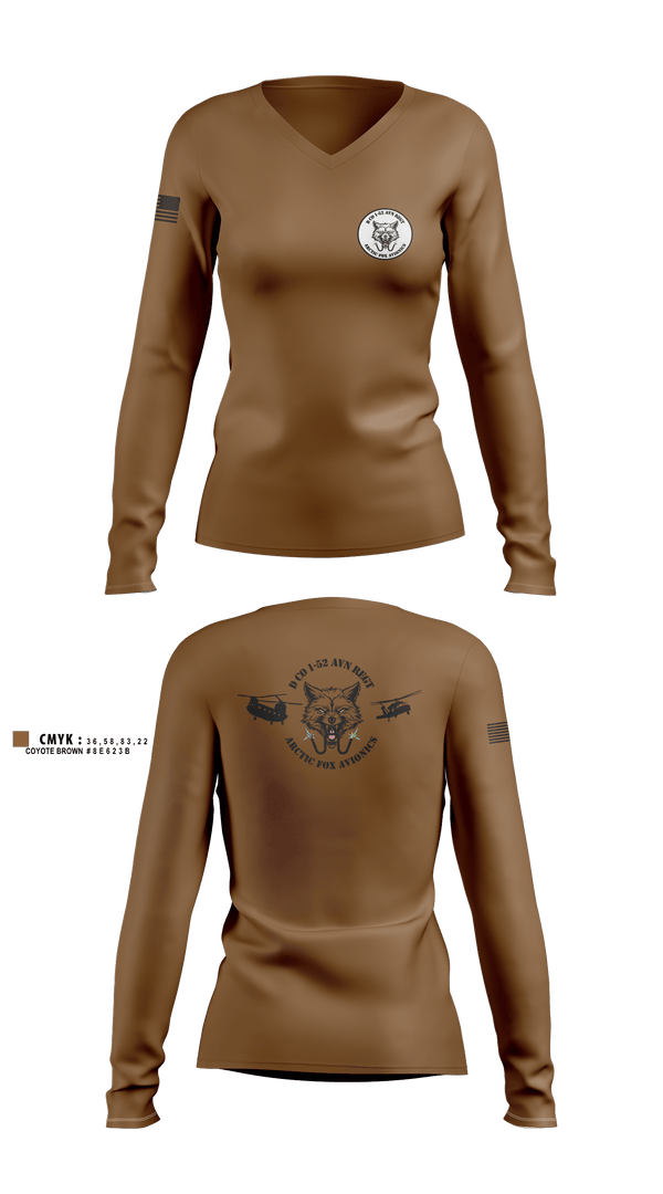 Womens Long Sleeve Vneck Shirt, D Co 2-13th AVN REGTD Co 1-52 AVN REGTD Co 1-52 AVN REGT, , Teamtime, Team time, sublimation, custom sports apparel, team uniforms, spirit wear, spiritwear, sports uniforms, custom shirts, team store, custom team store, fundraiser sports, apparel fundraiser