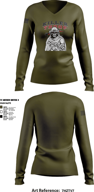 Womens Long Sleeve Vneck Shirt, 3/2CR Killer Troop, Army, Teamtime, Team time, sublimation, custom sports apparel, team uniforms, spirit wear, spiritwear, sports uniforms, custom shirts, team store, custom team store, fundraiser sports, apparel fundraiser